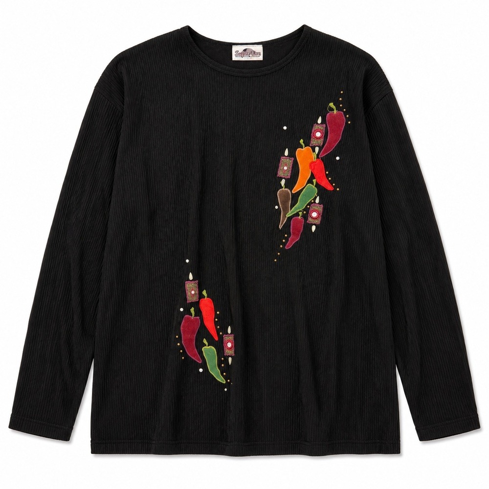 Vtg Superline USA Black Plisse Crinkle Top Chili Hot Pepper Embroidery Food XL